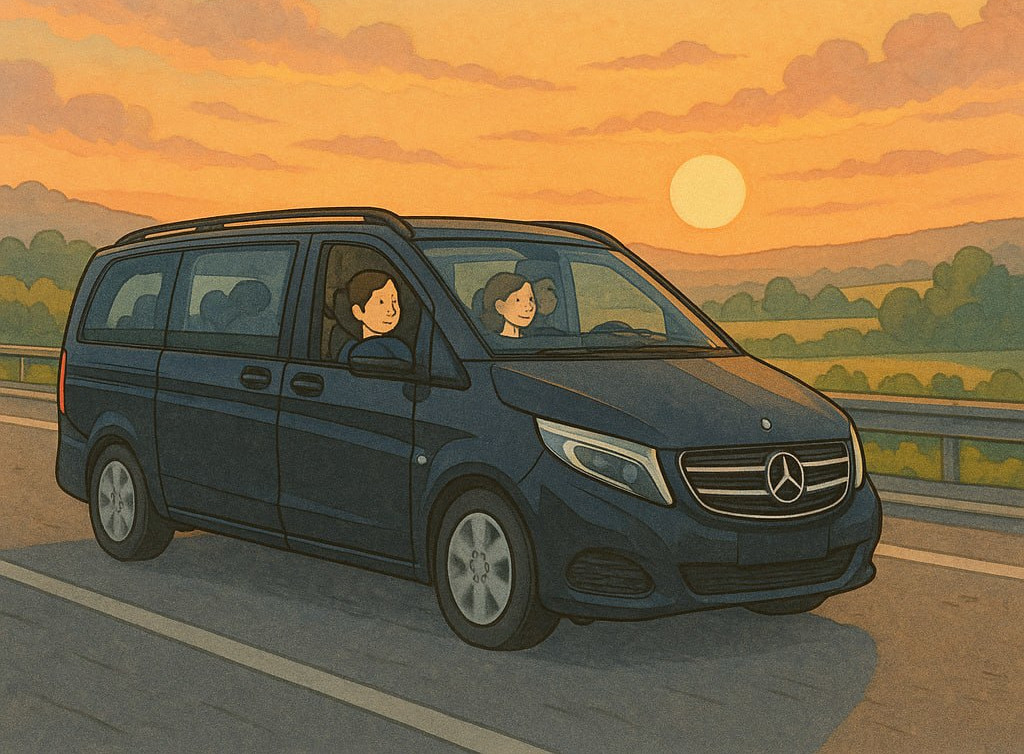 Unser Chauffeur Service unterwegs zu einer anderen Stadt, im Hintergund ein Sonnenuntergang zu sehen.
