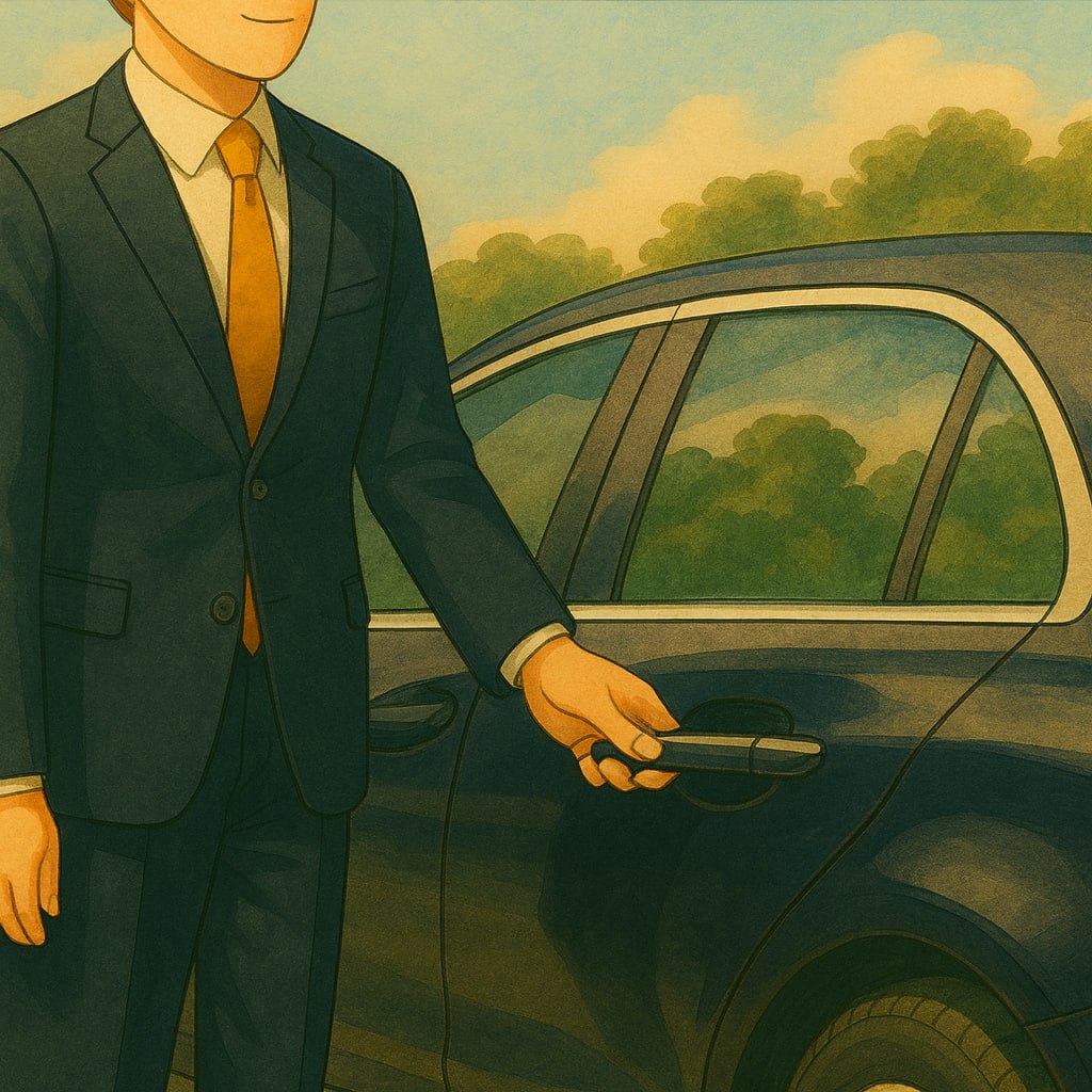 Der Business Chauffeur Service von Moving Solution, der dem Fahrgast die Tür von einer Limousine aufhält.