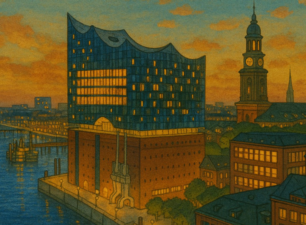 Die Elbphilharmonie zu sehen mit Hamburger Stadthintergrund, für sie empfohlen von dem Chauffeur Service von Moving Solution.